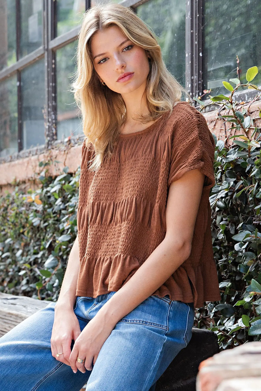 Toffee Smocked Top