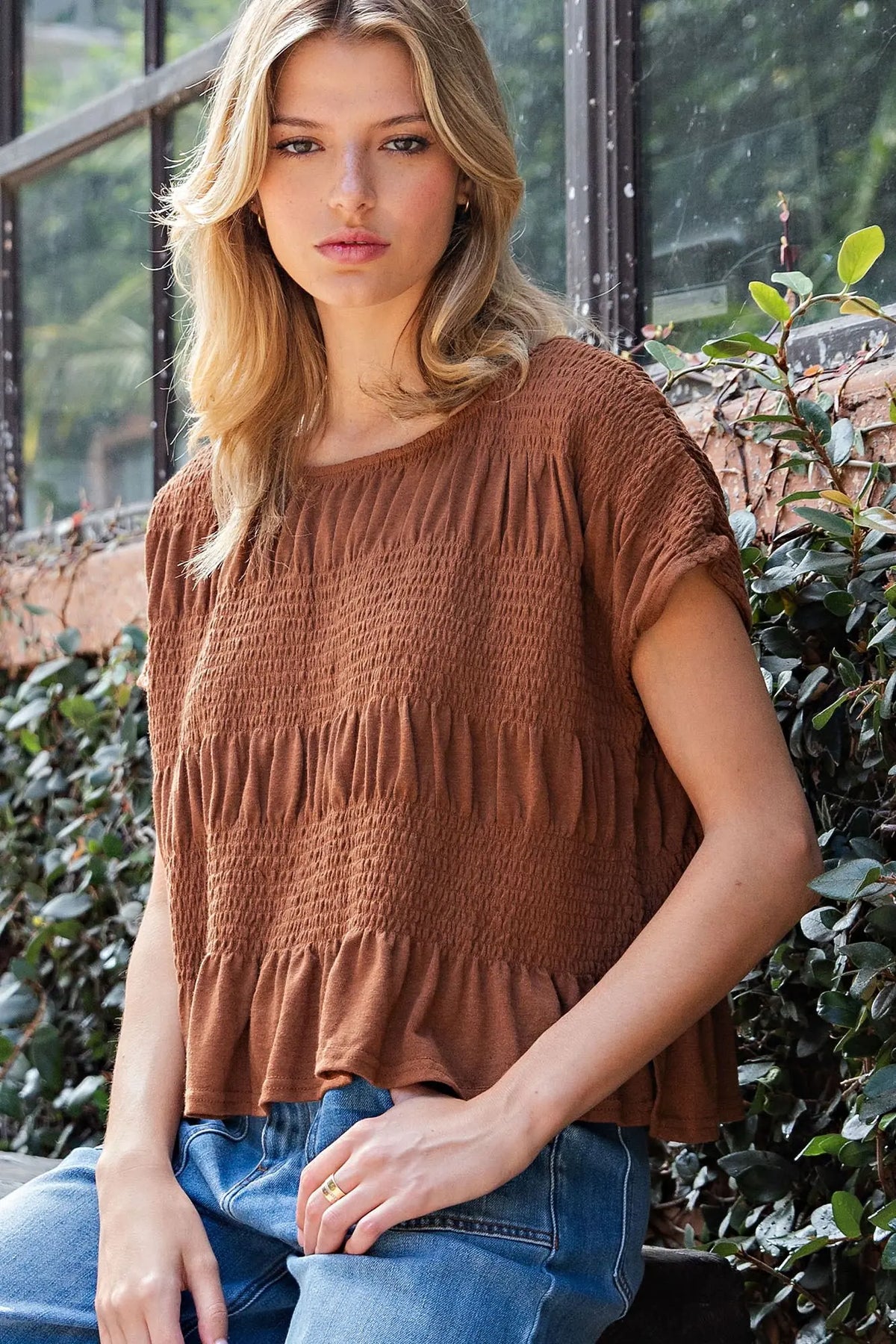Toffee Smocked Top